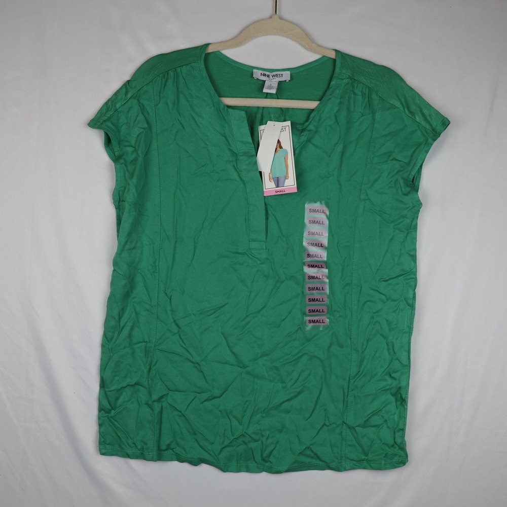 Nine West Shirt Womens Small Green Spruce Summer Top MSY Short Sleeve Blouse New